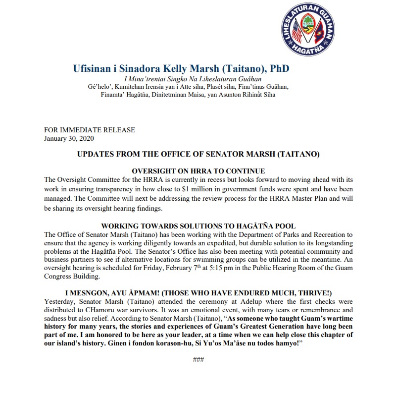 PRESS RELEASE Inarajan Guam Inalahan